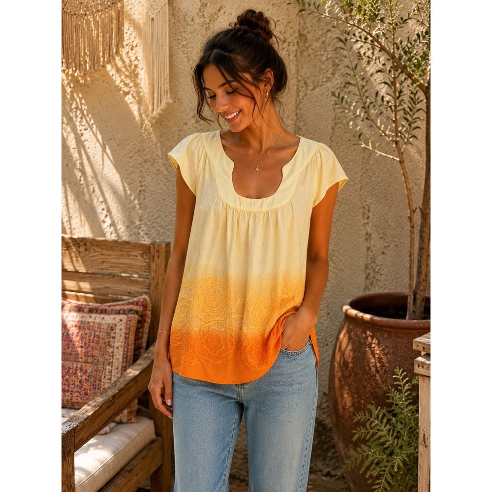 Max Edition Womens Blouse L Yellow Orange Embroidered Linen Boho Peasant Top
